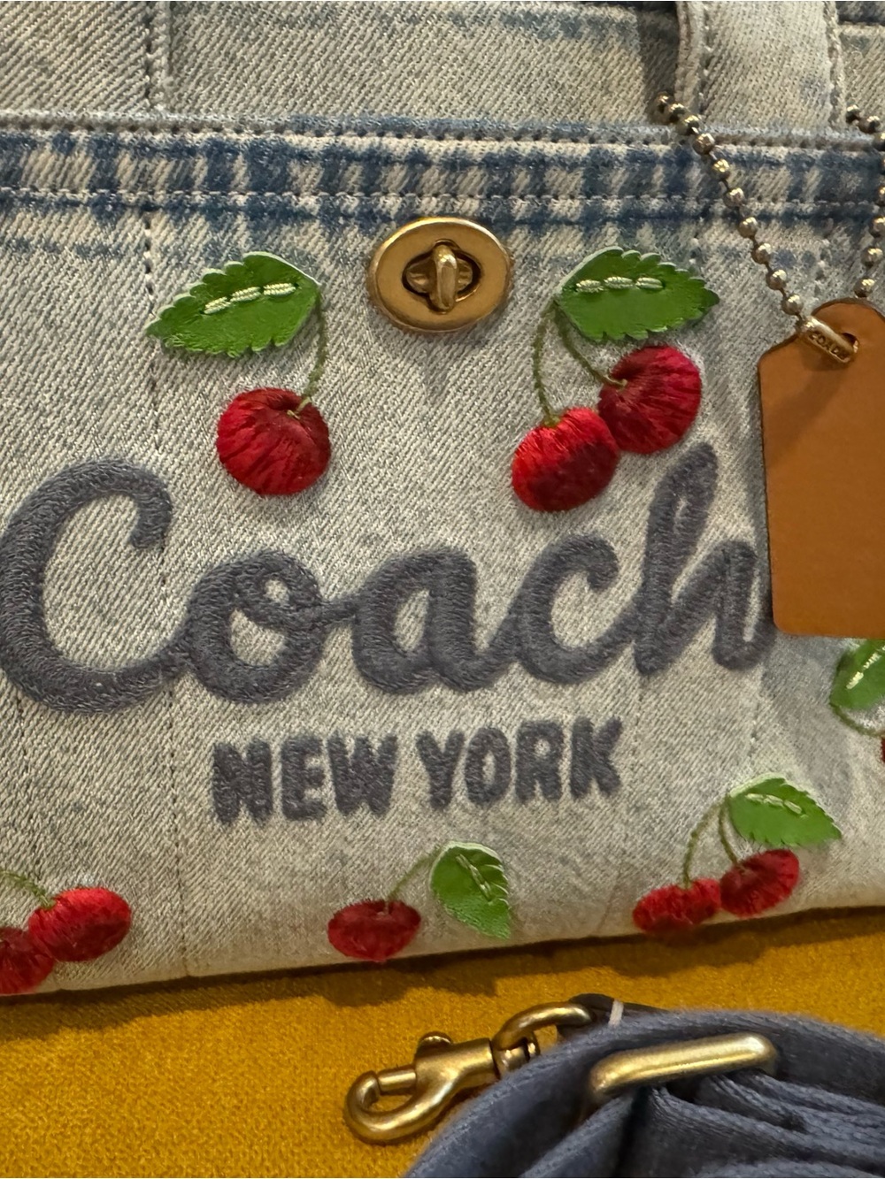 Coach Denim Cherry Embroidered Mini Tote - Light Blue with Red & Green Accents - Picture 2 of 8